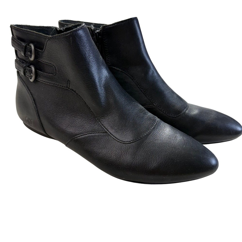 Born Leather Ankle Boots US 7.5 Black Buckle Side Zip Flat Almond Toe